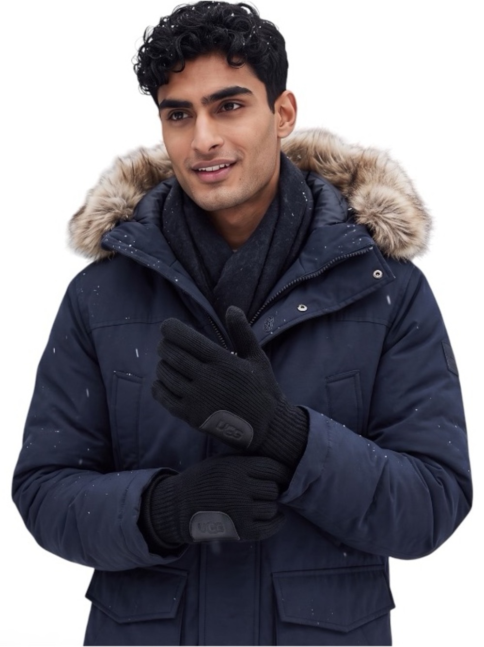 UGG Men’s Black Knit Touchscreen Gloves Leather Logo Patch NWT One Size